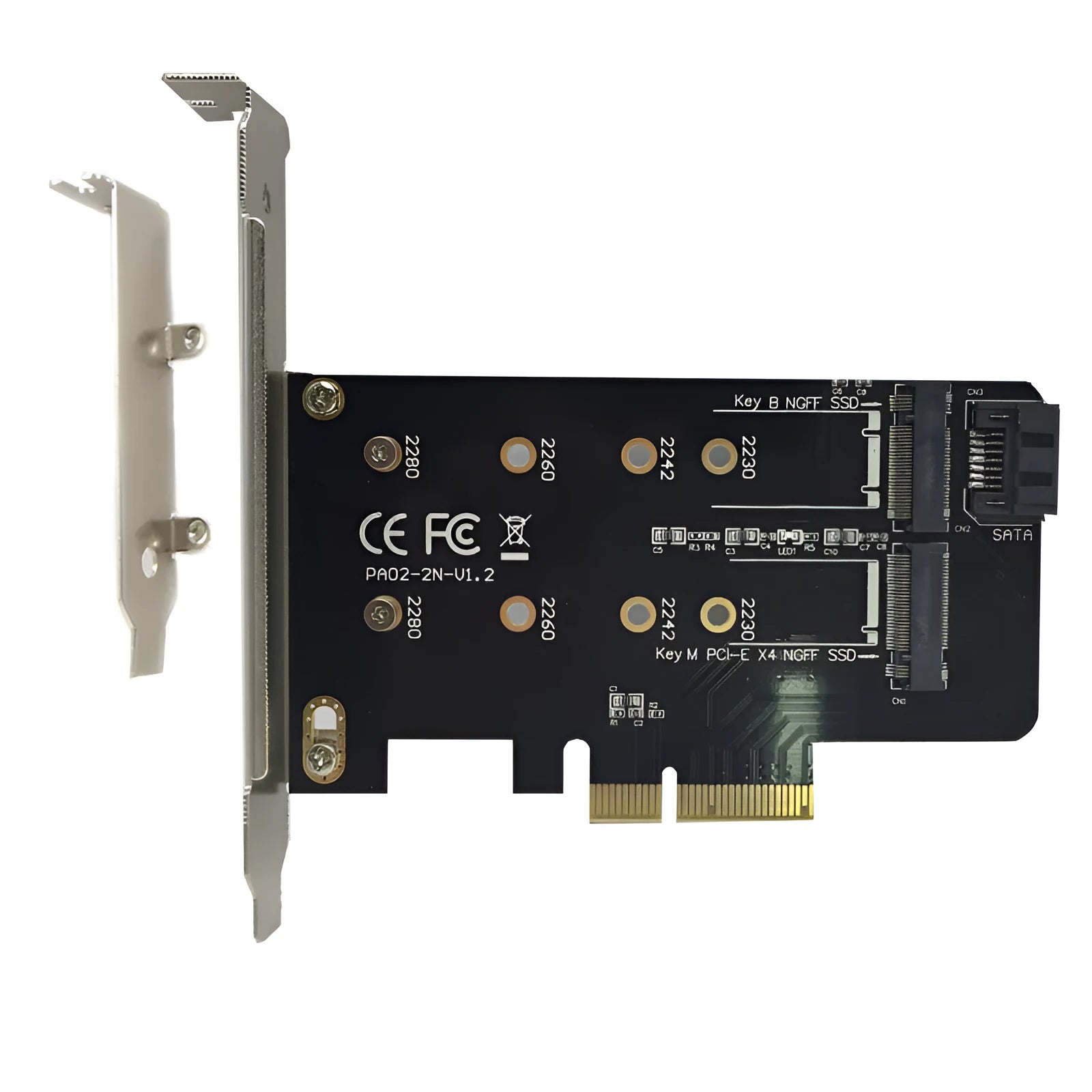 Black M.2 SSD adapter card with PCIe X4 interface, two M.2 slots (Key B and Key M), and support for 2230 2242 2260 2280 sizes
