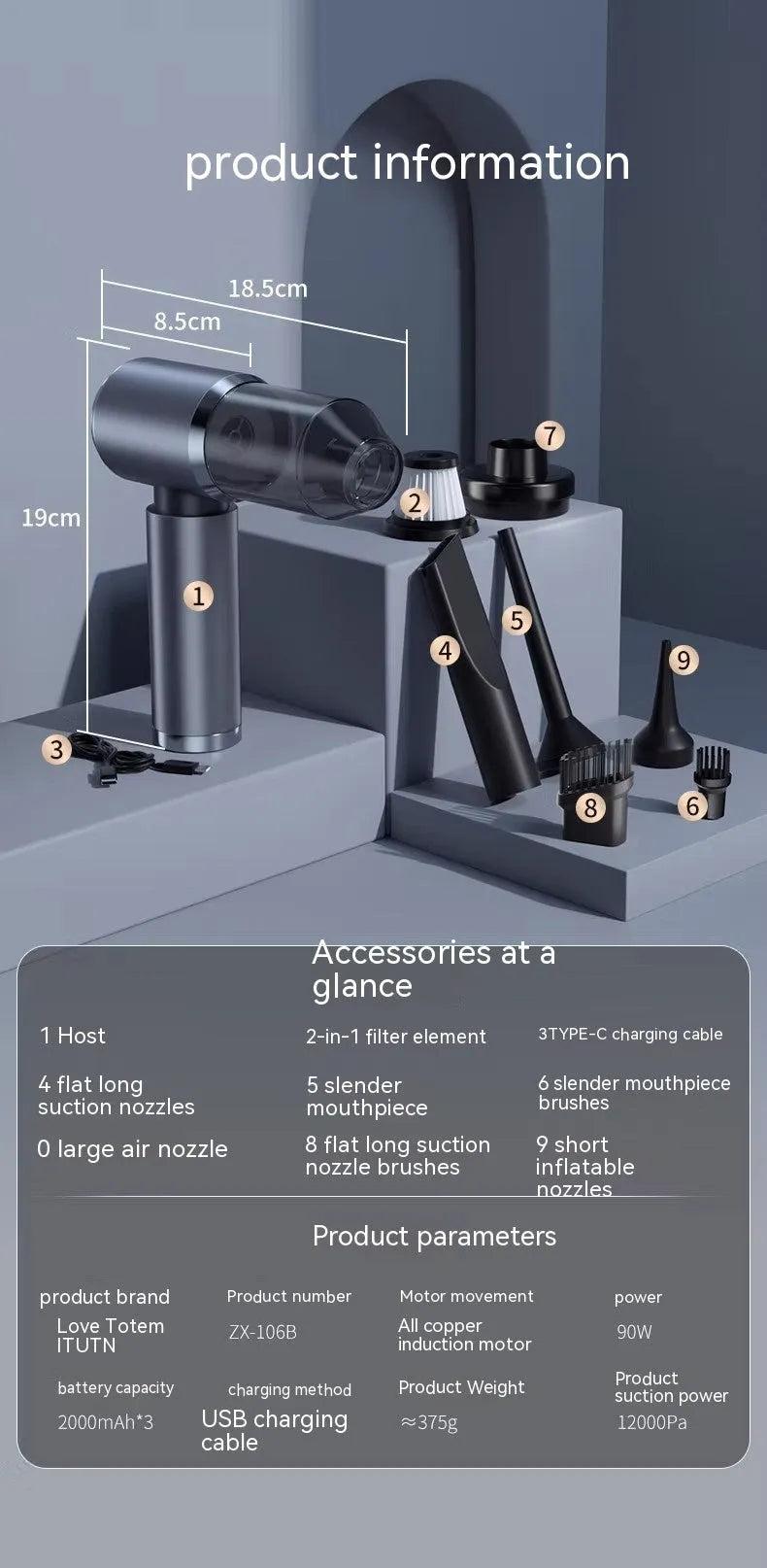 Space grey handheld car vacuum cleaner with cordless design and dual blowing/suction functions