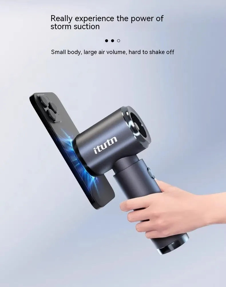 Space grey handheld car vacuum cleaner with cordless design and dual blowing/suction functions