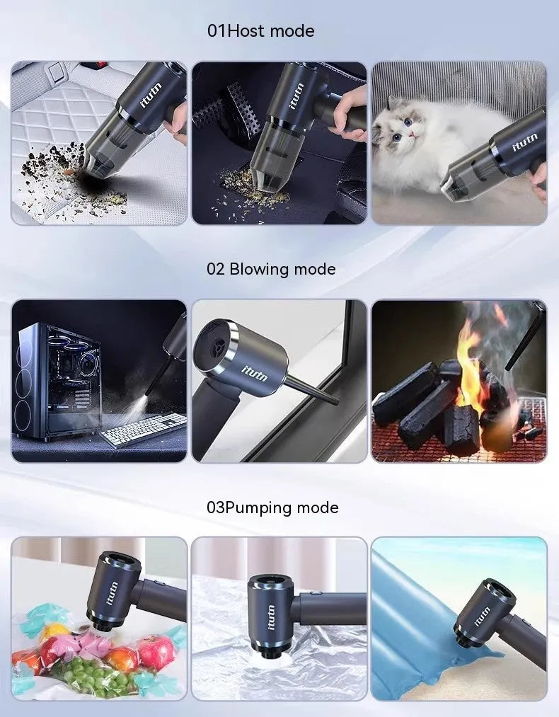 Space grey handheld car vacuum cleaner with cordless design and dual blowing/suction functions