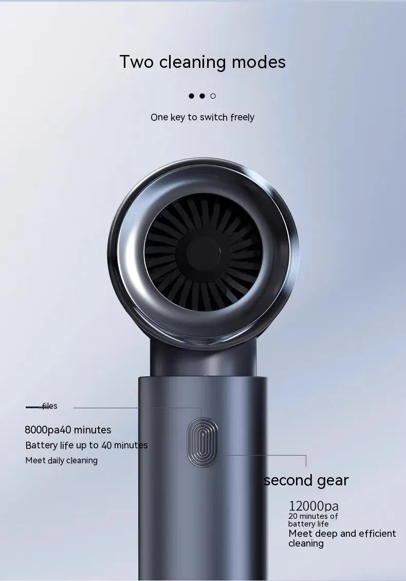 Space grey handheld car vacuum cleaner with cordless design and dual blowing/suction functions
