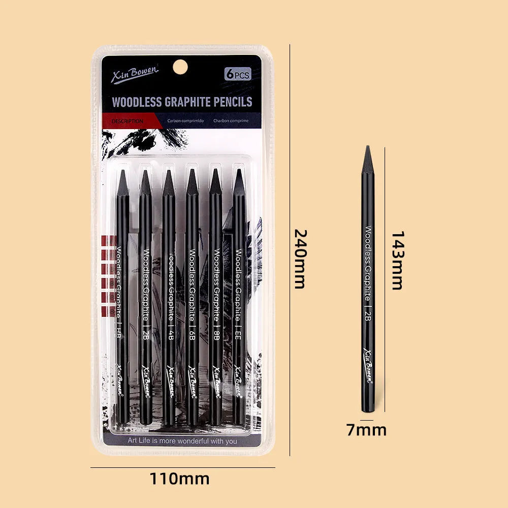 Set of six wood-free graphite sketching pencils in grades HB, 2B, 4B, 6B, 8B, and EE for art drawing.
