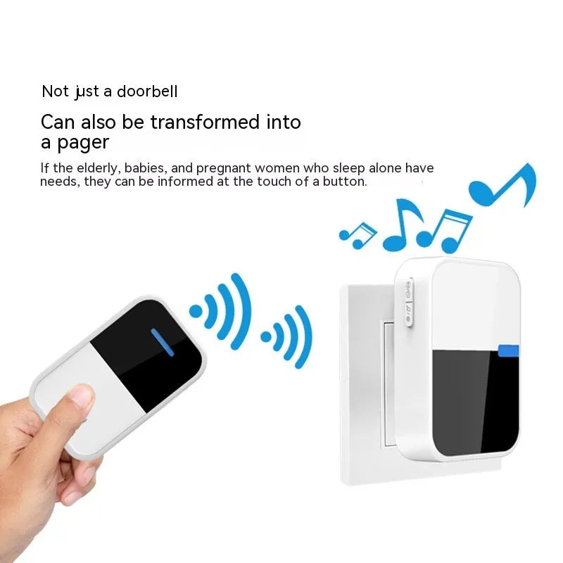White self-powered wireless doorbell transmitter and plug-in receiver on a wooden table.