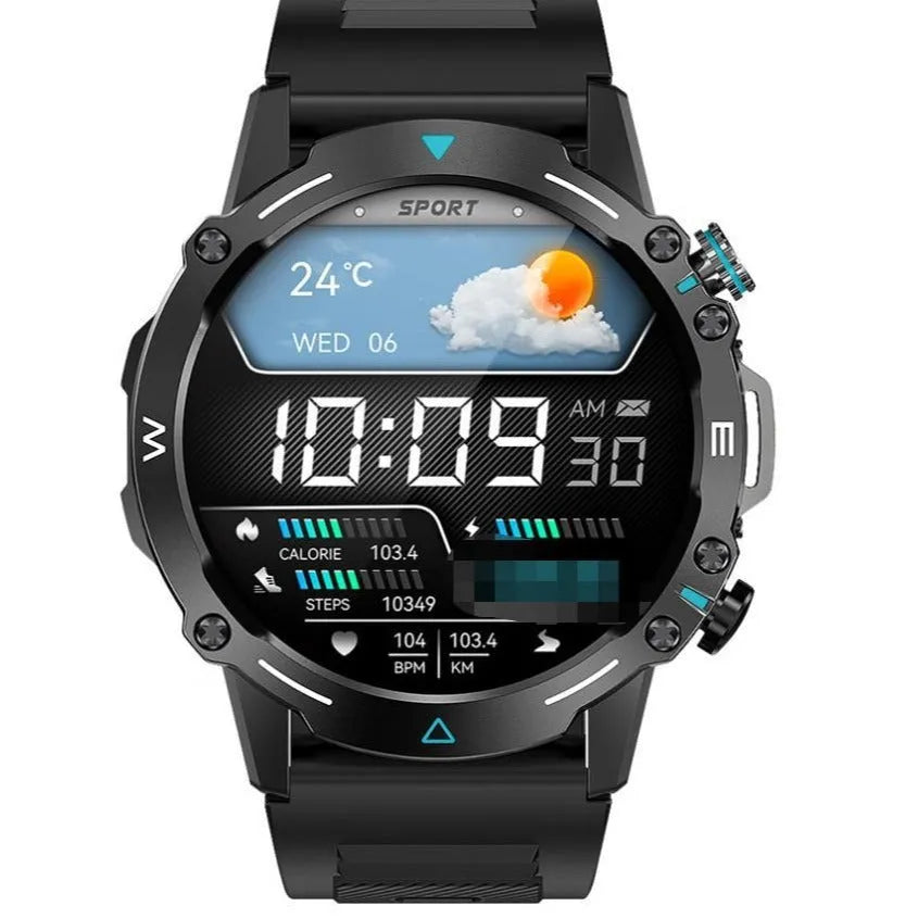 M42 Smart Watch in black on a wrist, showing a large screen with health stats.
