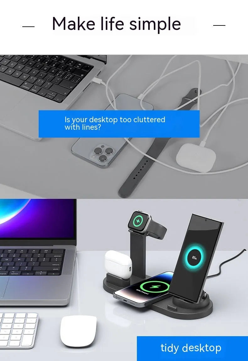 Black three-in-one wireless charger and phone holder on a desk showing iPhone charging.