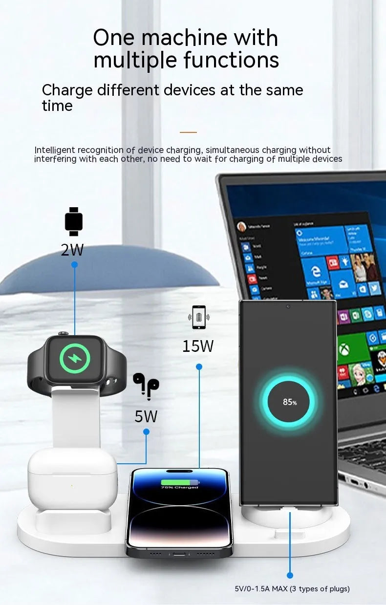Black three-in-one wireless charger and phone holder on a desk showing iPhone charging.
