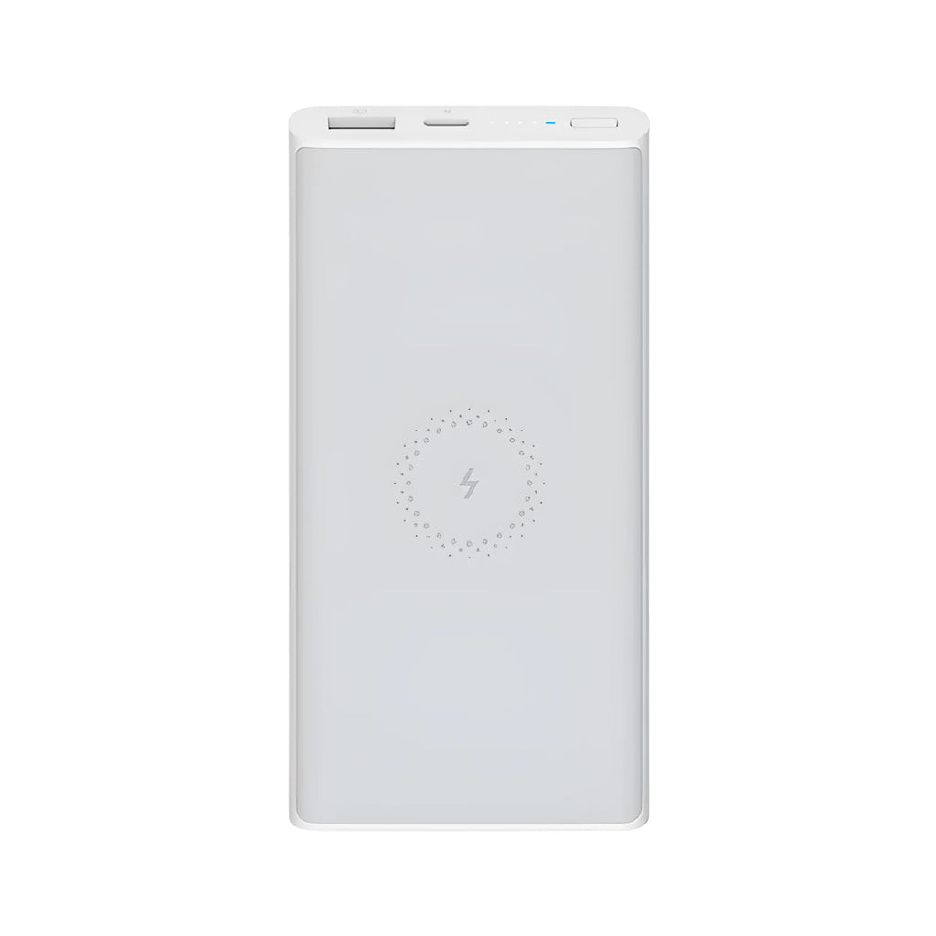 Black and white 10000mAh power bank with USB-C port and wireless charging symbol