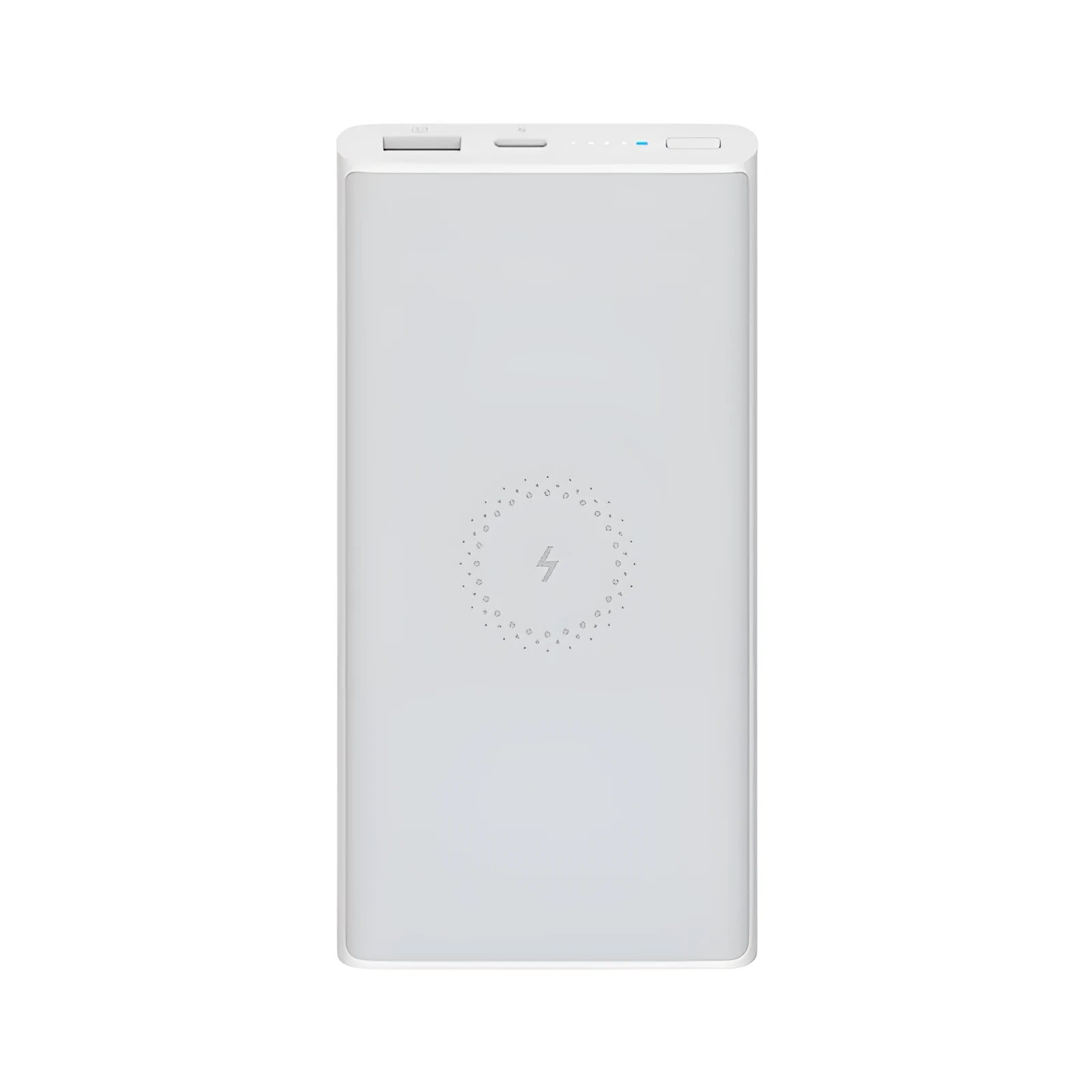 Black and white 10000mAh power bank with USB-C port and wireless charging symbol