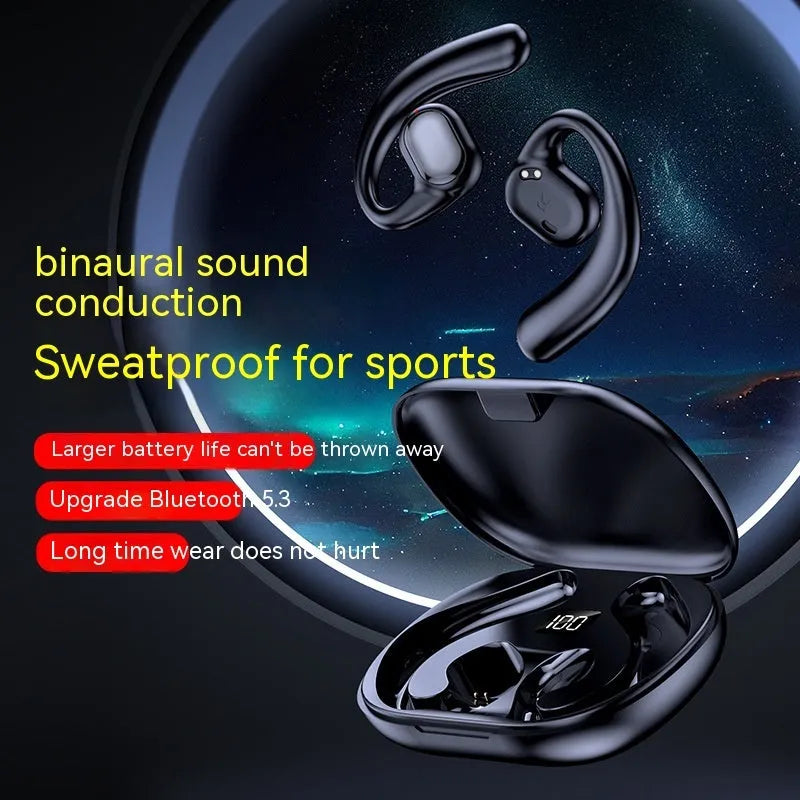 Non in-ear ear-mounted Bluetooth headset with cable, black, plastic build, digital display on side