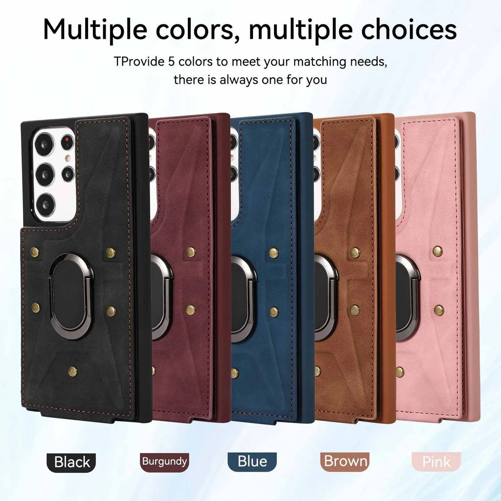 Samsung leather-style phone case with finger ring buckle, card slot and stand bracket in black