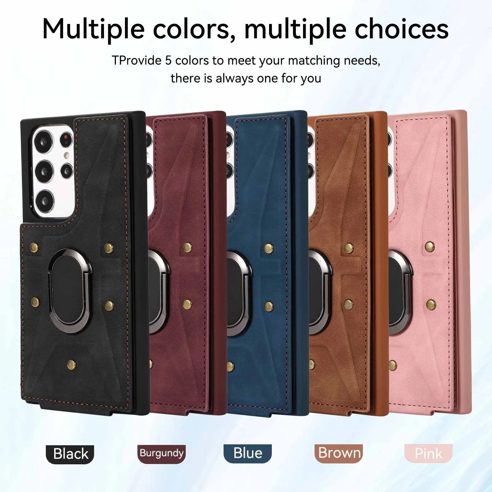 Samsung leather-style phone case with finger ring buckle, card slot and stand bracket in black