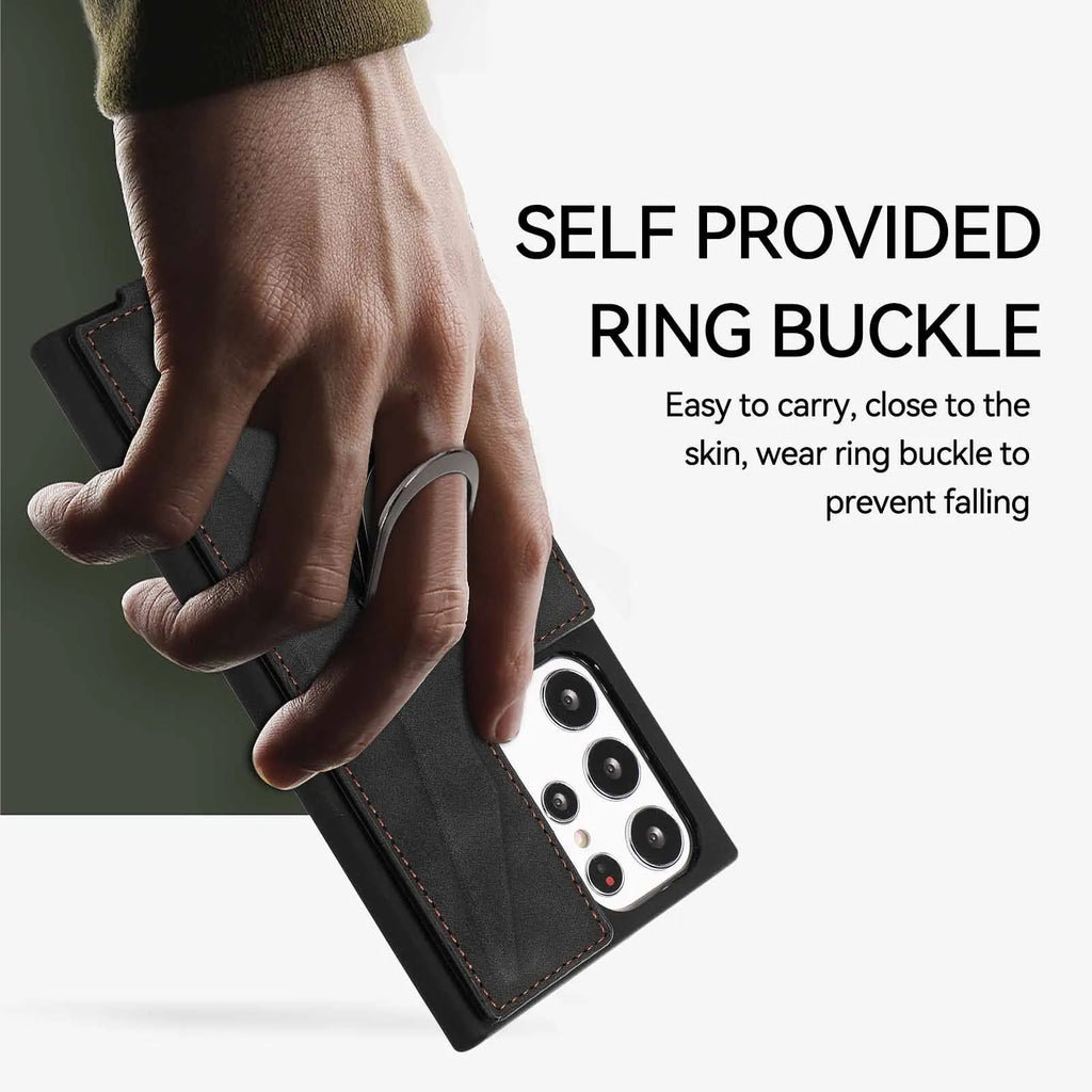 Samsung leather-style phone case with finger ring buckle, card slot and stand bracket in black
