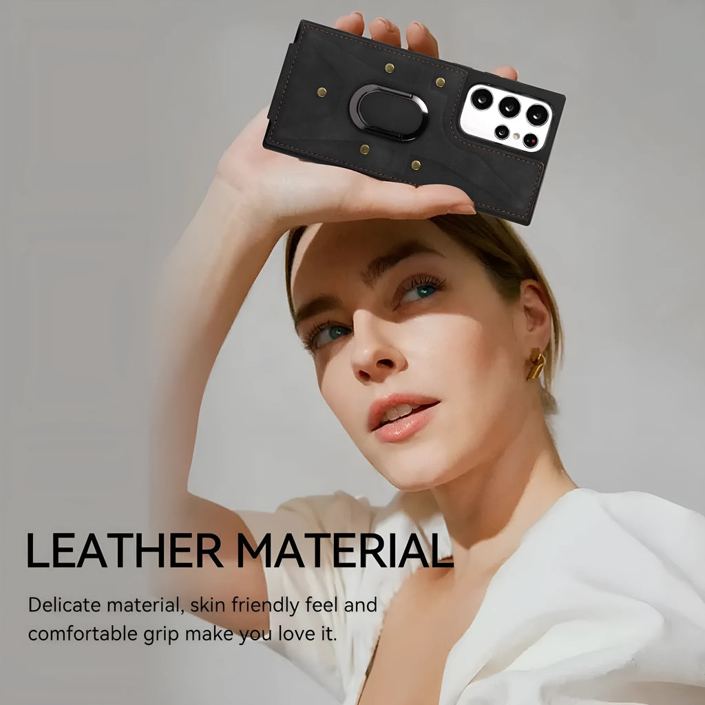 Samsung leather-style phone case with finger ring buckle, card slot and stand bracket in black