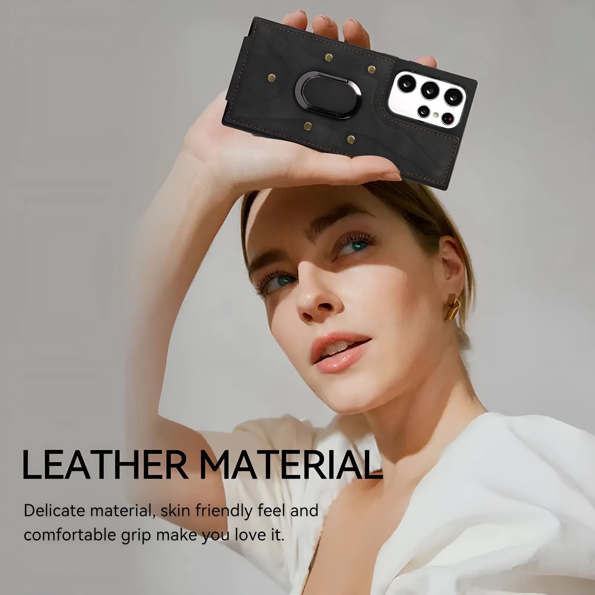 Samsung leather-style phone case with finger ring buckle, card slot and stand bracket in black