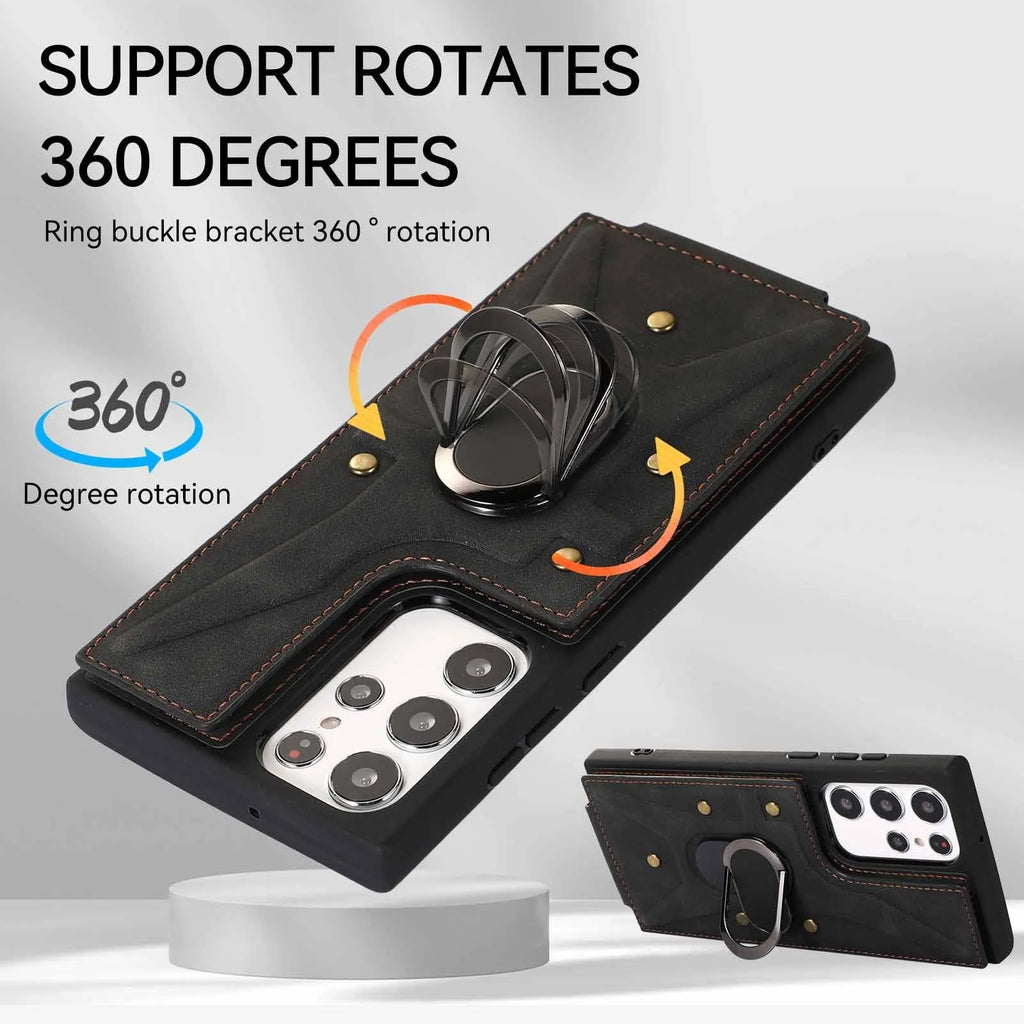 Samsung leather-style phone case with finger ring buckle, card slot and stand bracket in black