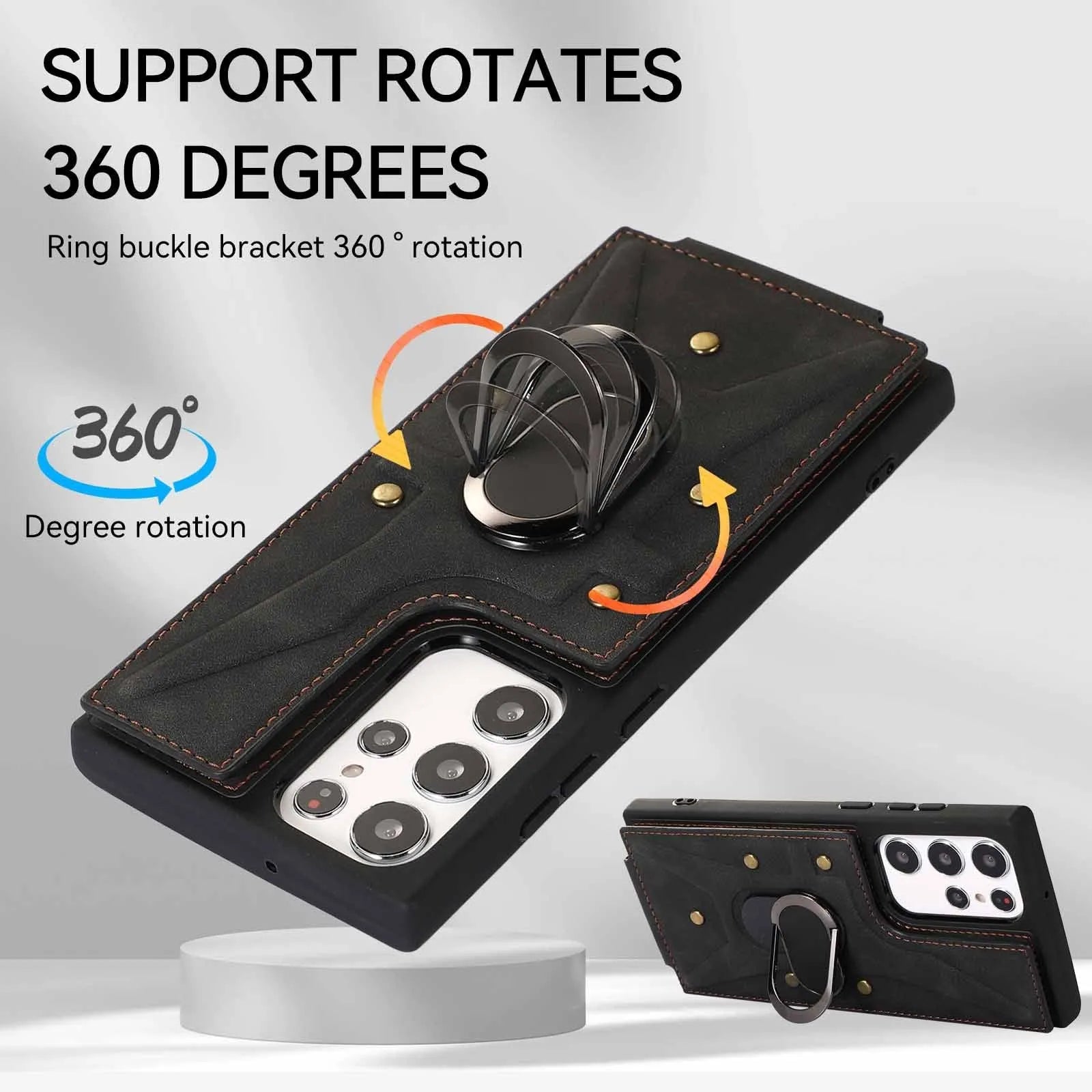 Samsung leather-style phone case with finger ring buckle, card slot and stand bracket in black