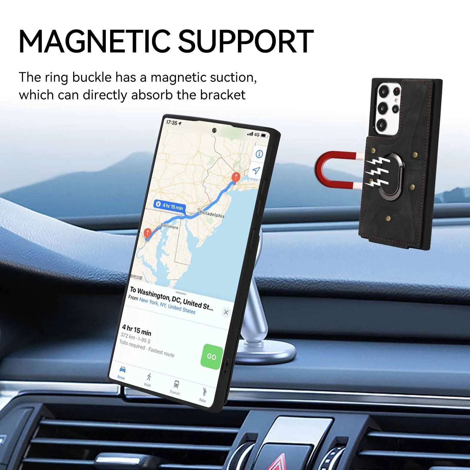 Samsung leather-style phone case with finger ring buckle, card slot and stand bracket in black