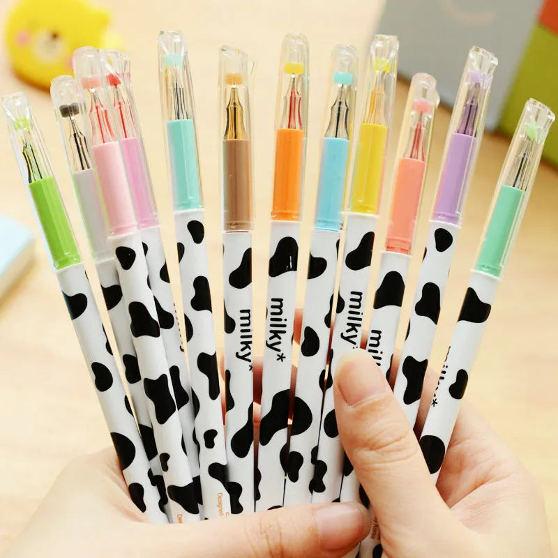 Box of 12 cow print gel pens with a 0.38mm fine tip in assorted colours.