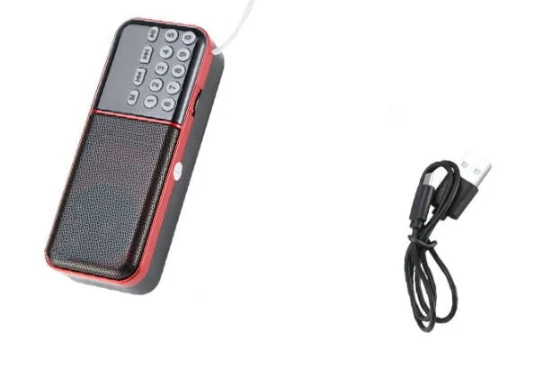 Black Walkman radio with AM FM dials and earphone jacks, plastic body, compact size 120x32x47mm