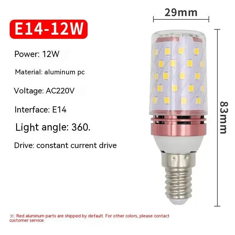 E14 screw base LED corn light bulb showing three colour temperature options: warm, neutral, and white light.