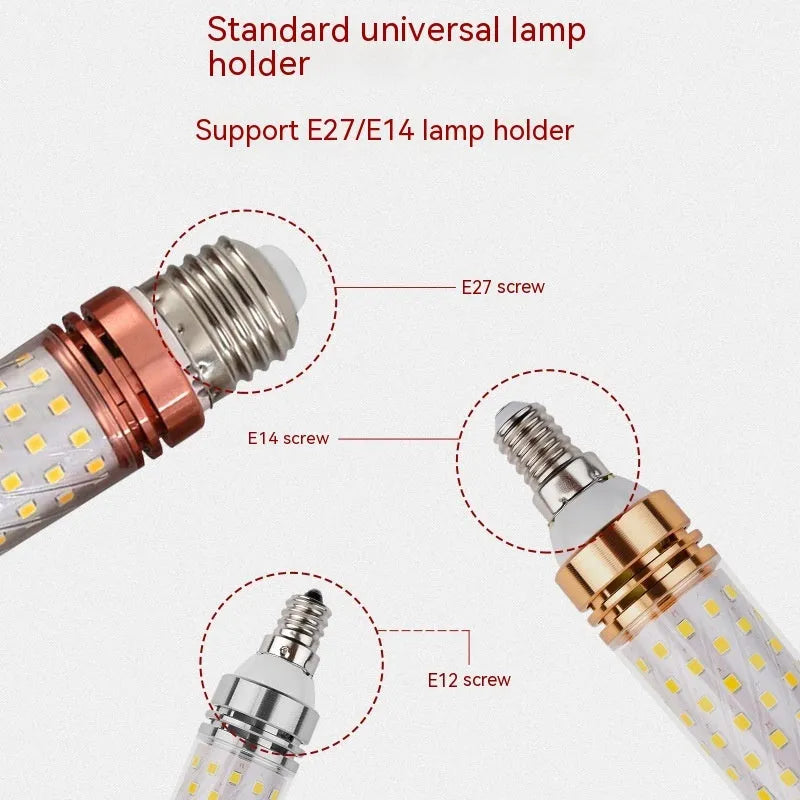 E14 screw base LED corn light bulb showing three colour temperature options: warm, neutral, and white light.