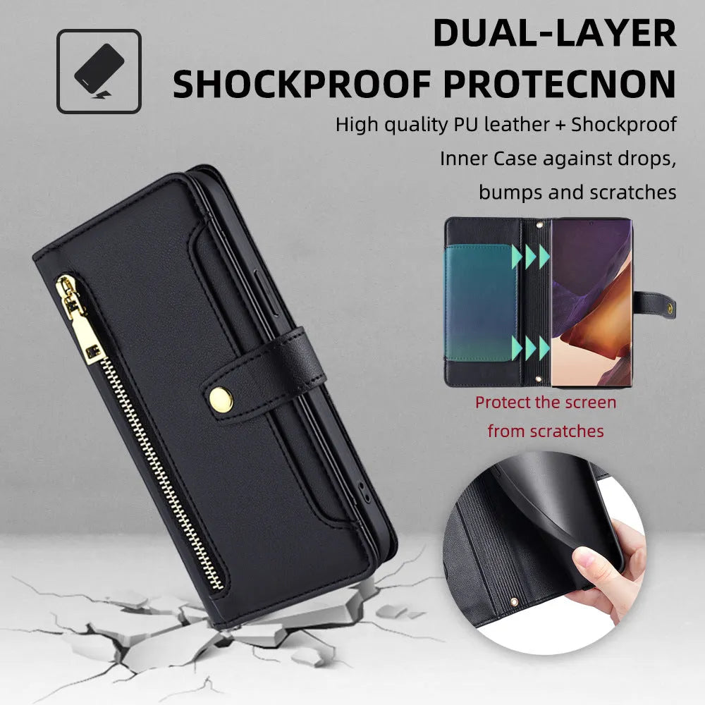 Samsung flip phone case with card slot and kickstand in black TPU leather