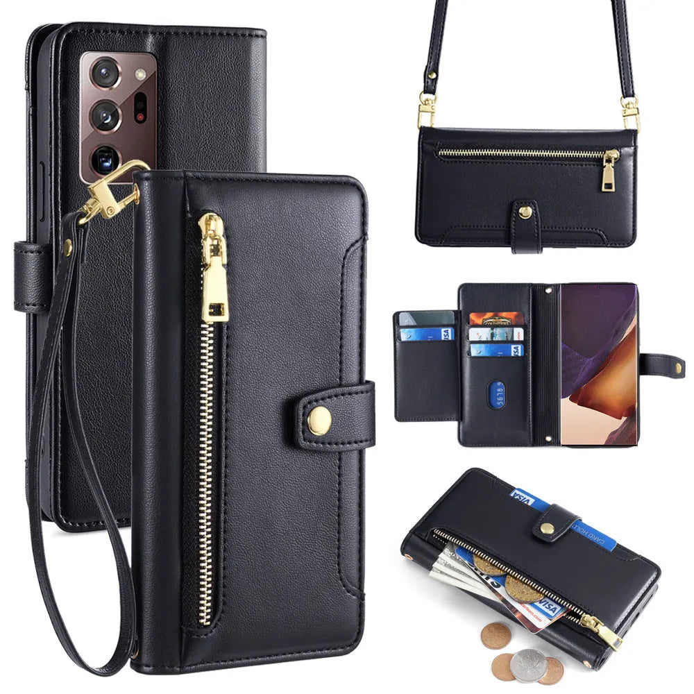 Samsung flip phone case with card slot and kickstand in black TPU leather