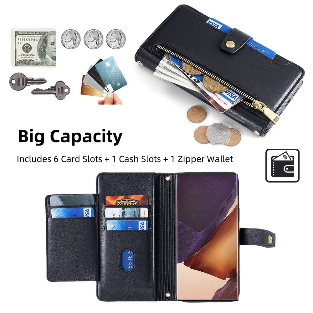 Samsung flip phone case with card slot and kickstand in black TPU leather