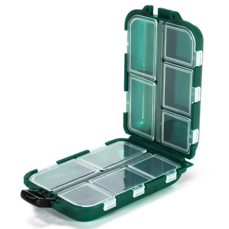 Small green plastic fishing tackle box with 10 internal compartments for hooks and lures.