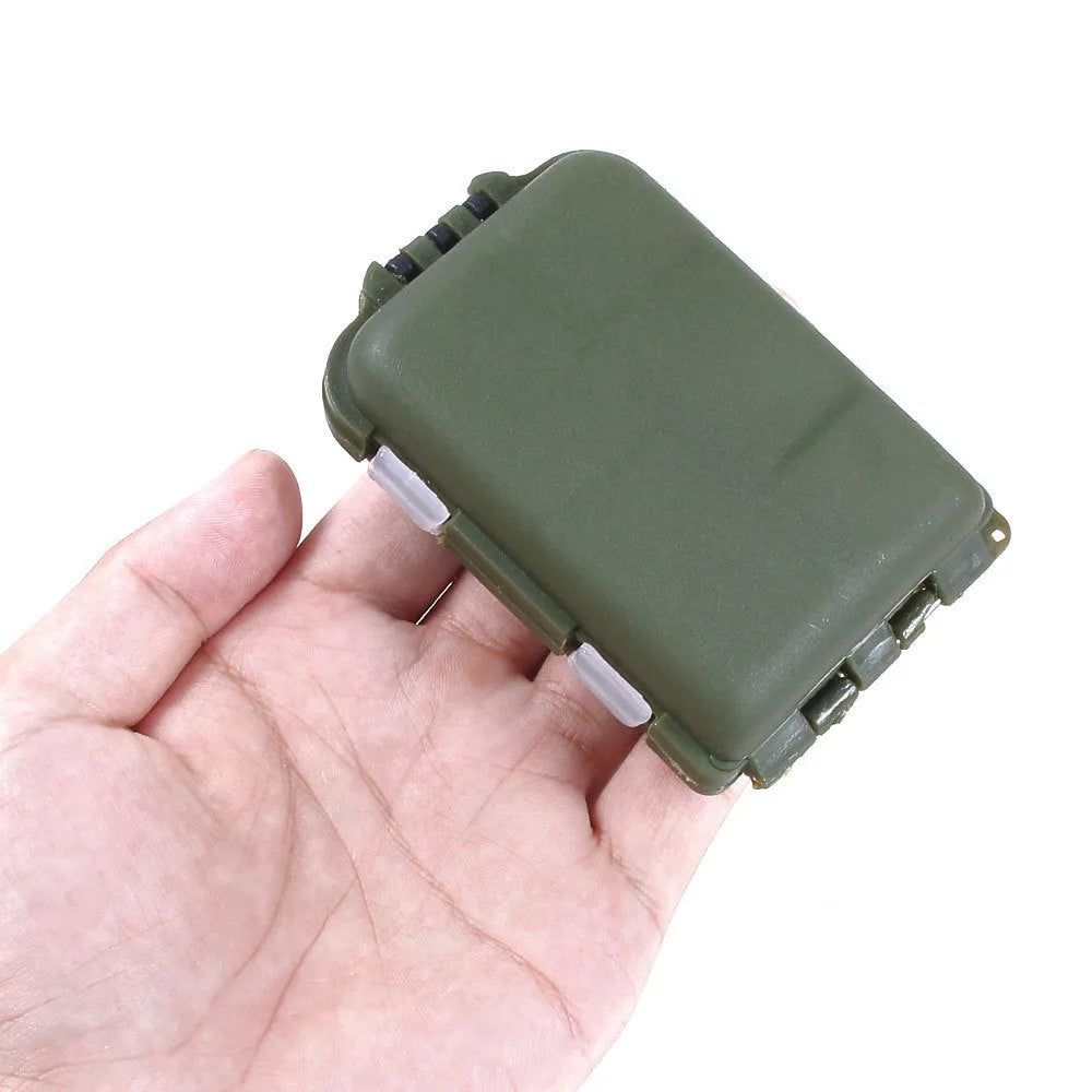 Small green plastic fishing tackle box with 10 internal compartments for hooks and lures.
