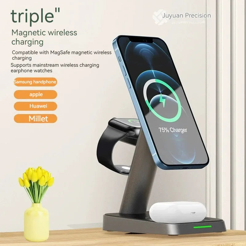 Black vertical wireless charging stand for phone and watch with integrated power bank