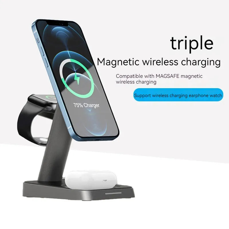 Black vertical wireless charging stand for phone and watch with integrated power bank