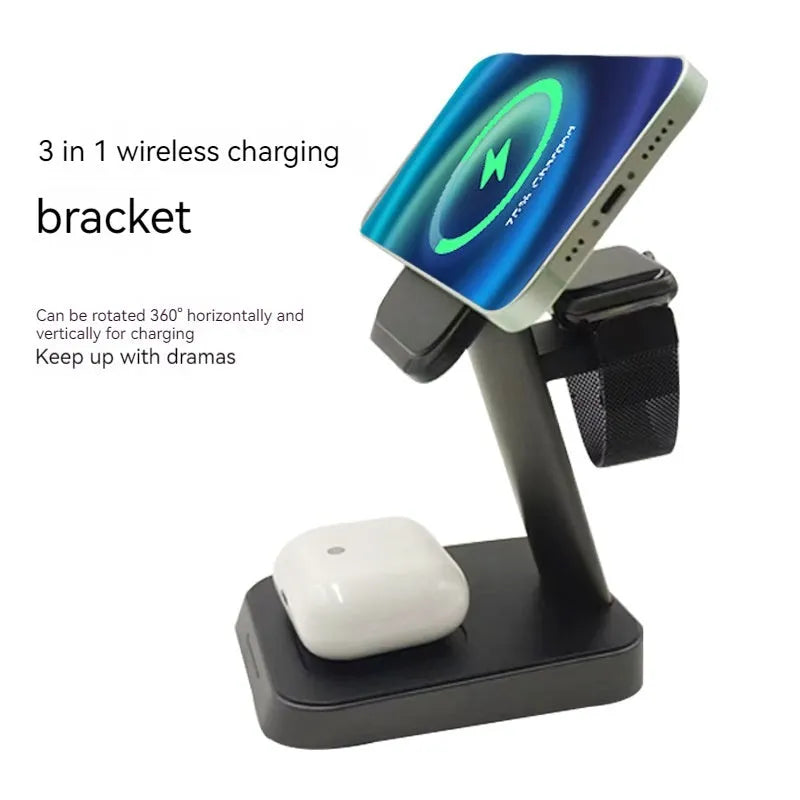 Black vertical wireless charging stand for phone and watch with integrated power bank
