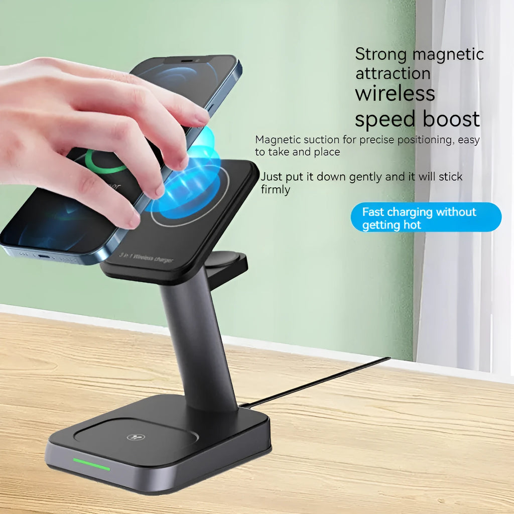 Black vertical wireless charging stand for phone and watch with integrated power bank