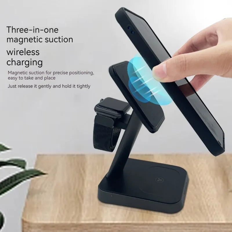 Black vertical wireless charging stand for phone and watch with integrated power bank