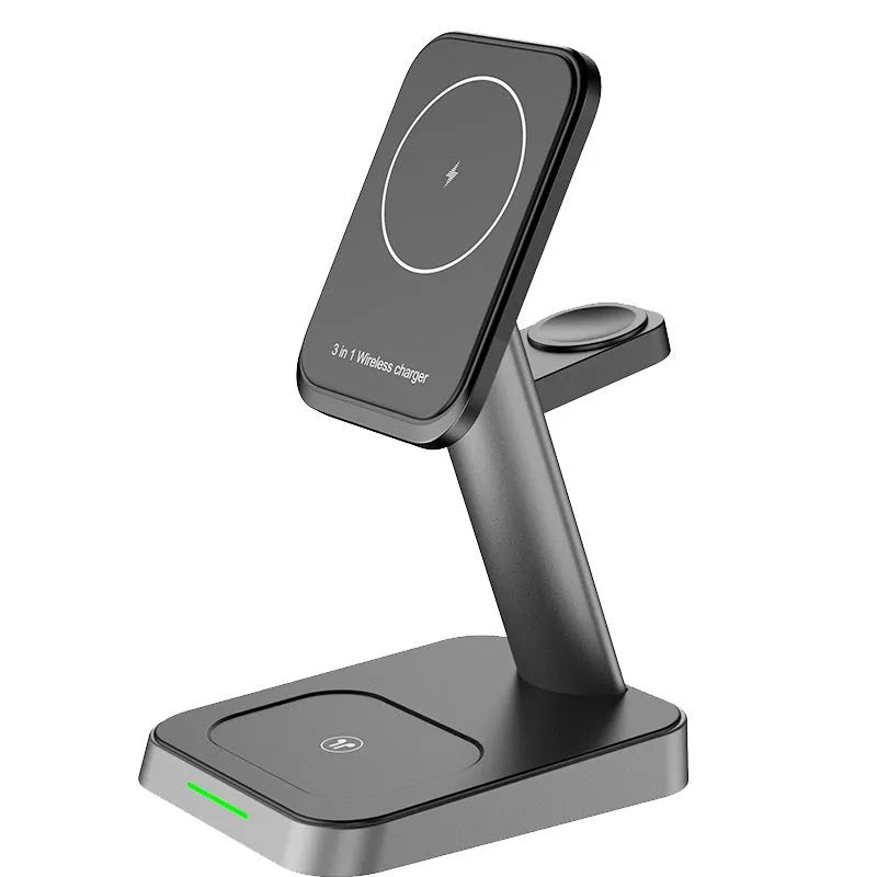 Black vertical wireless charging stand for phone and watch with integrated power bank
