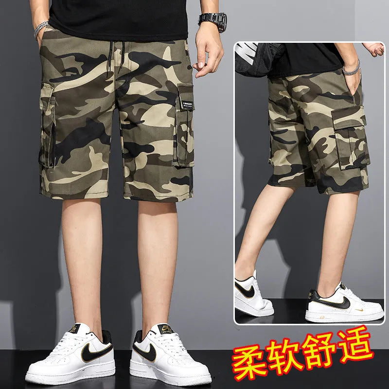 Men's summer camouflage 5-point workwear shorts with drawstring waist in green flower pattern