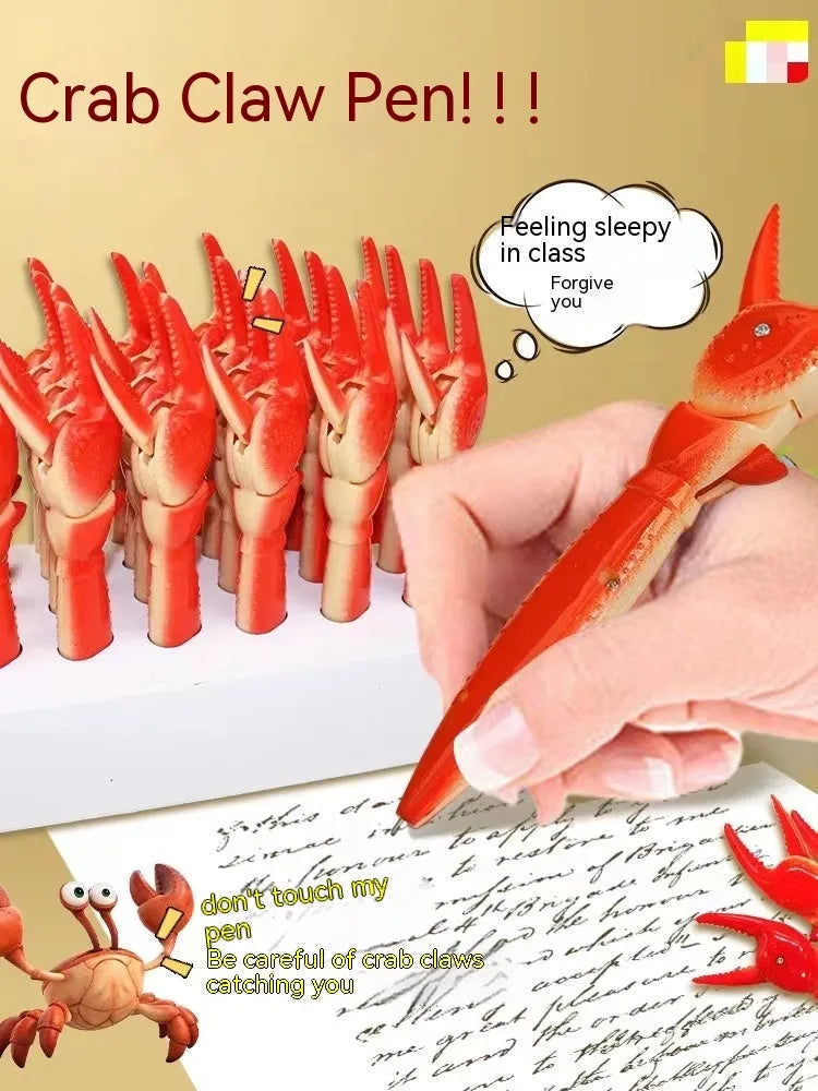 Brightly coloured plastic crab-shaped novelty ballpoint pen with movable claws.