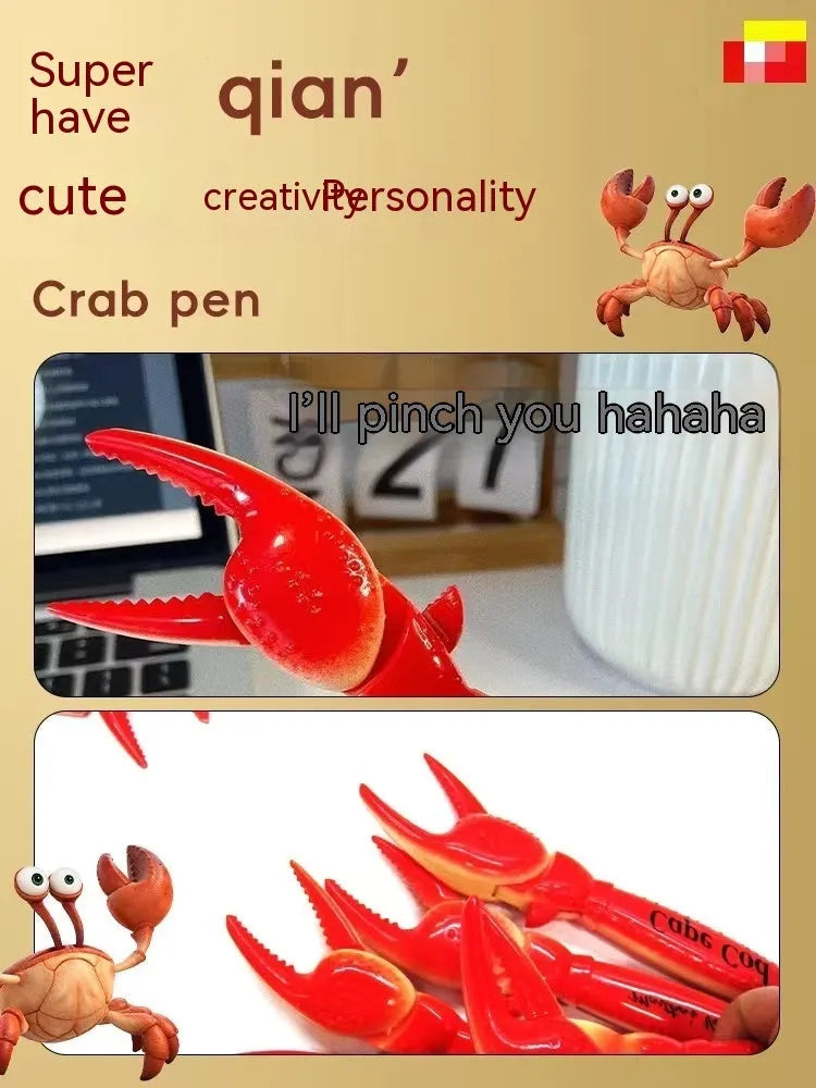 Brightly coloured plastic crab-shaped novelty ballpoint pen with movable claws.
