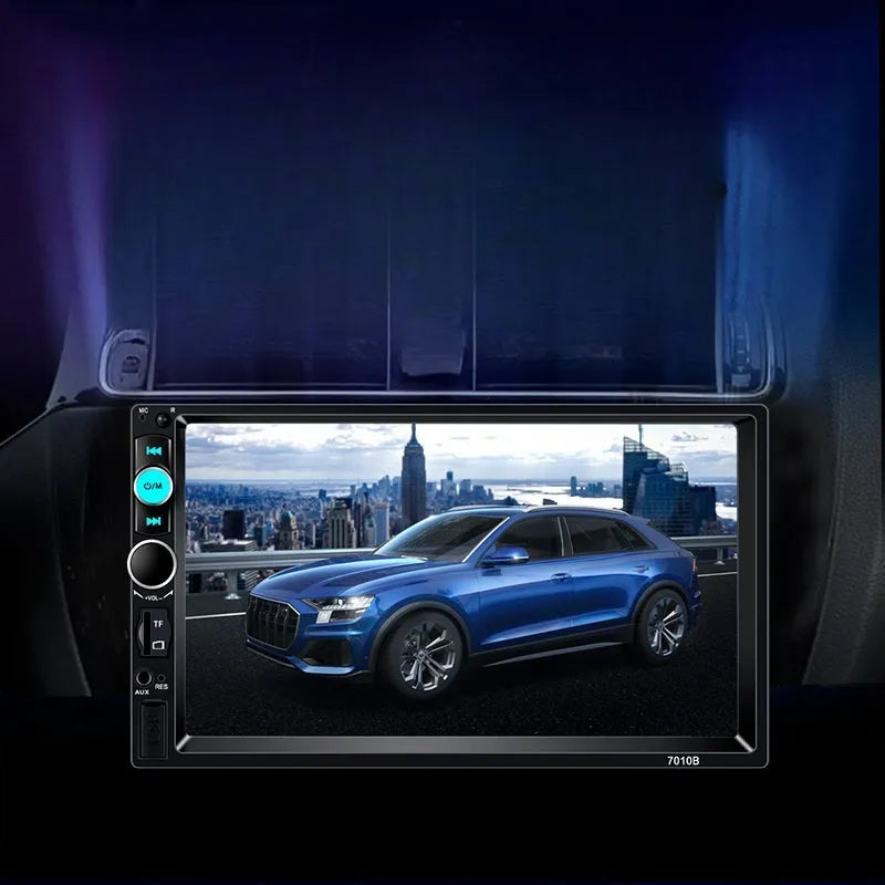 7-inch HD Bluetooth car multimedia player on a dashboard showing connectivity options.