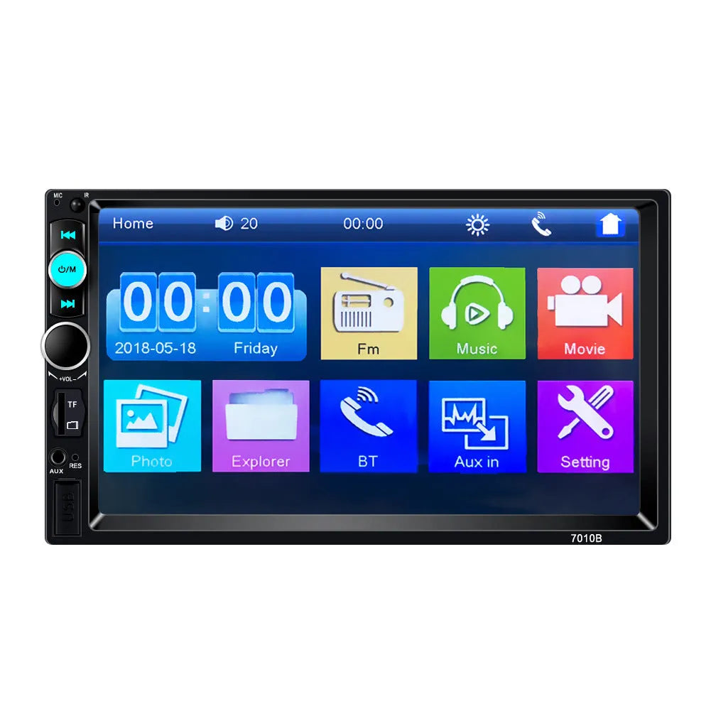 7-inch HD Bluetooth car multimedia player on a dashboard showing connectivity options.