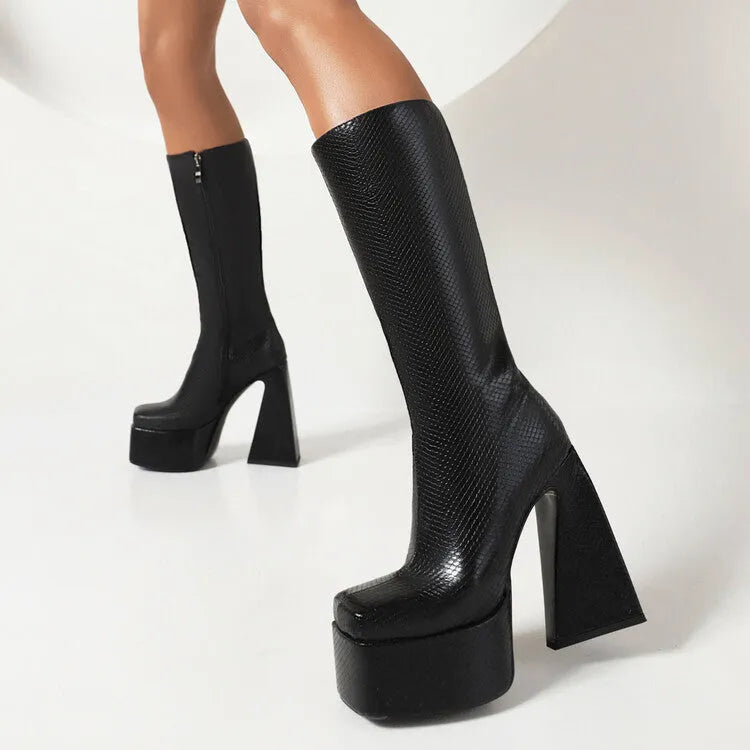 Women's black casual high boots with a round toe, made from PU leather, shown from the side.