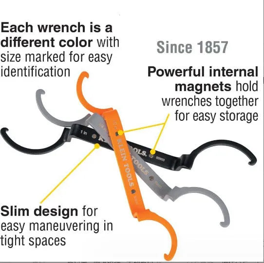 Three magnetic wrenches in orange, grey, and black from the H251 three-piece crescent and catheter locking wrench set.