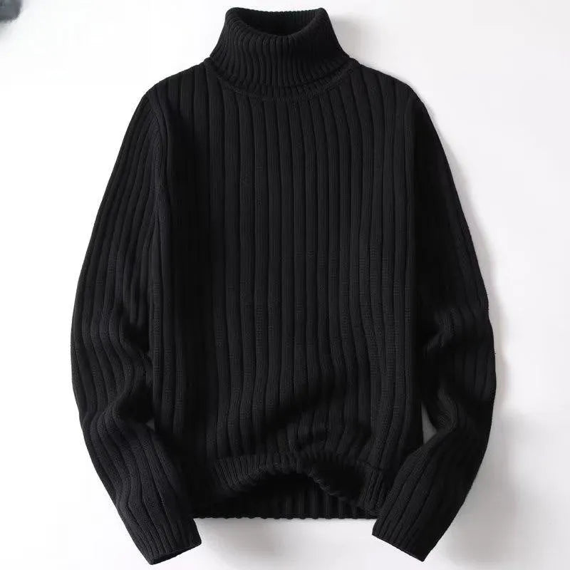 Men's loose fit turtleneck sweater in black twist strip fabric for autumn winter layering