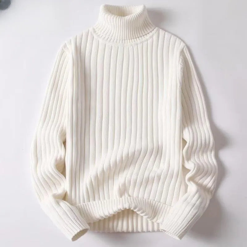 Men's loose fit turtleneck sweater in black twist strip fabric for autumn winter layering