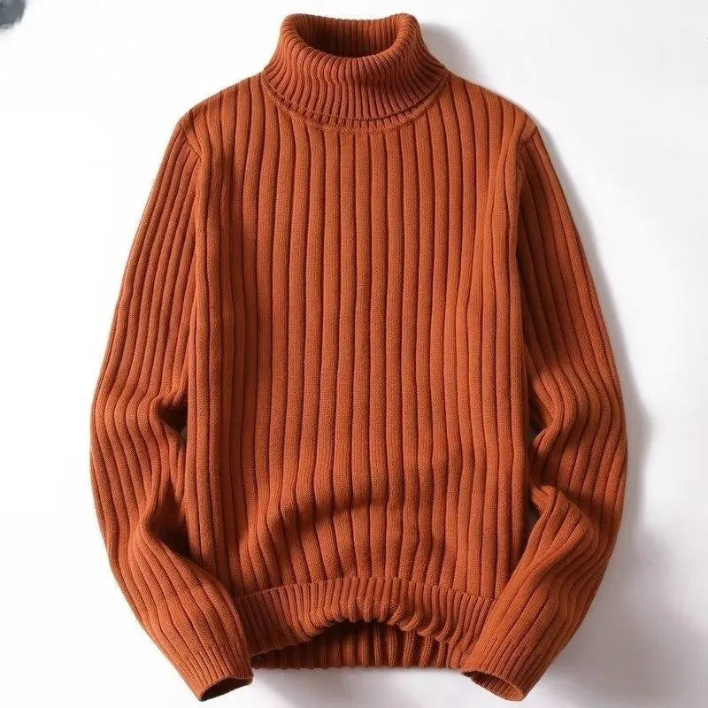 Men's loose fit turtleneck sweater in black twist strip fabric for autumn winter layering
