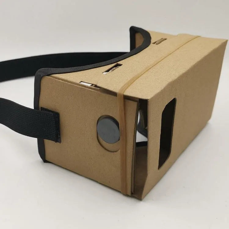 Pink and white cardboard VR glasses with 3D lenses and a rubber head strap for smartphones.