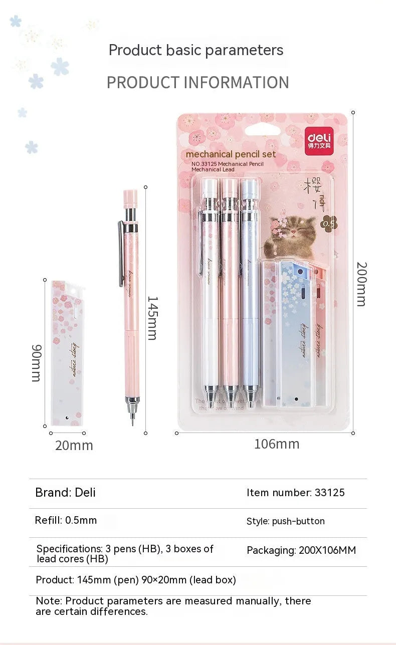 Set of three 0.5mm automatic cartoon pencils with HB lead refills in mixed colours.