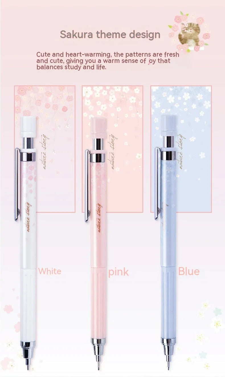 Set of three 0.5mm automatic cartoon pencils with HB lead refills in mixed colours.