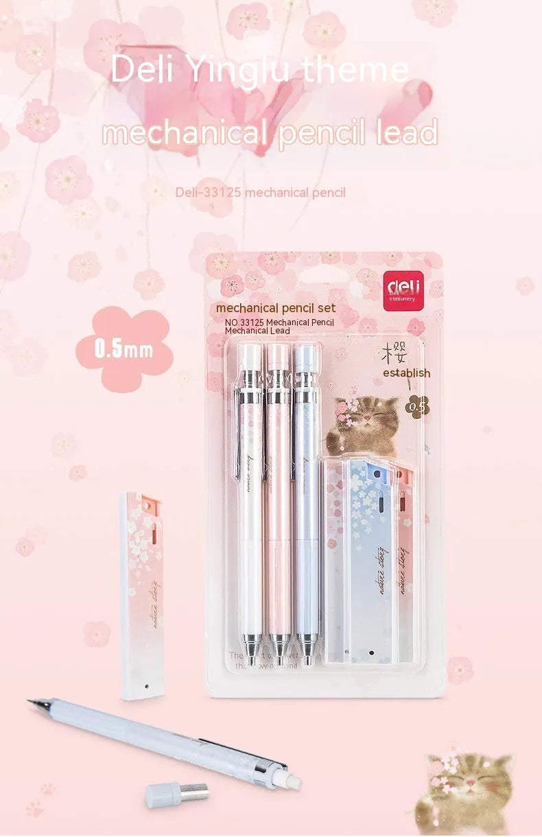 Set of three 0.5mm automatic cartoon pencils with HB lead refills in mixed colours.